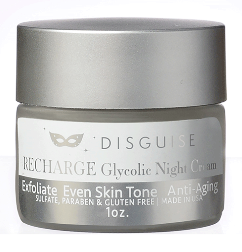A luxurious, oil-free cream exfoliates dead skin cells; prompts cell renewal to remove uneven skin tone, dryness, and the signs of aging. Recharge contains alpha hydroxyl acid (AHA) that may increase skin sensitivity to the sun. Therefor, apply at night on well-cleansed skin. Glycolic Content: 2.88%. Use Disguise Beauty 3-in-1 Anti-Aging Moisturizer SPF 30 during the day.
